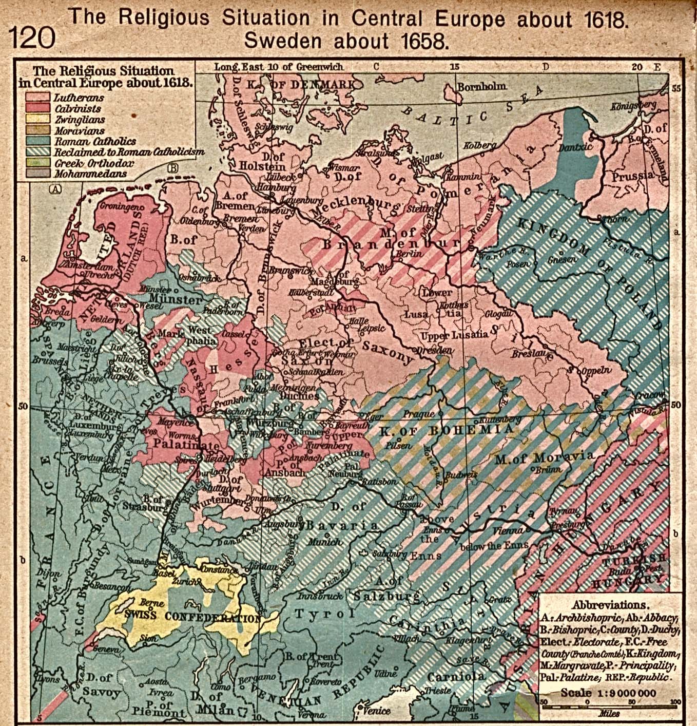 Historische Karte von Mitteleuropa aus dem Jahr 1618, die die religiöse Landschaft der Region mit detaillierten Textanmerkungen darstellt.