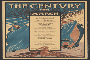 Ein Vintage-Poster mit schwarzem Hintergrund, das zwei Personen in weißer und blauer Kleidung zeigt, die nebeneinander stehen, sowie ein Kaninchen mit aufgerichteten Ohren und einem wedelnden Schwanz, mit der Aufschrift "Das Jahrhundert für März" oben.