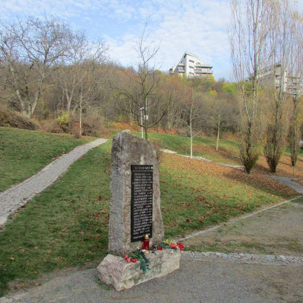 Ein Denkmal in einem Park mit einer Tafel, auf der "Denkmal für die Opfer der Tschernobyl-Katastrophe" steht, umgeben von Gras, Bäumen, Pflanzen, einem Weg, einem Straßenpfahl, Gebäuden und einem bewölktem Himmel.