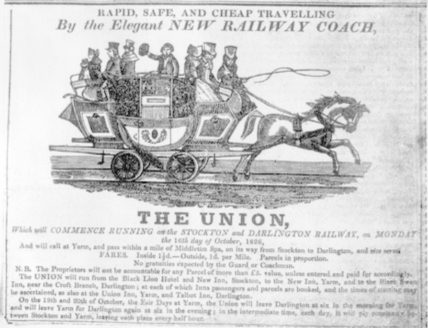 Alte Zeitungsanzeige der Gewerkschaft zeigt eine Kutsche mit einer Gruppe von Menschen darin, begleitet von Text, der das Ereignis beschreibt.