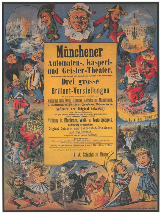 Alter deutscher Filmplakat für "Munchener Automaten-Kasperl- und Geister-Theater" mit einer Gruppe von Menschen in bunten Kostümen umgeben von Text.