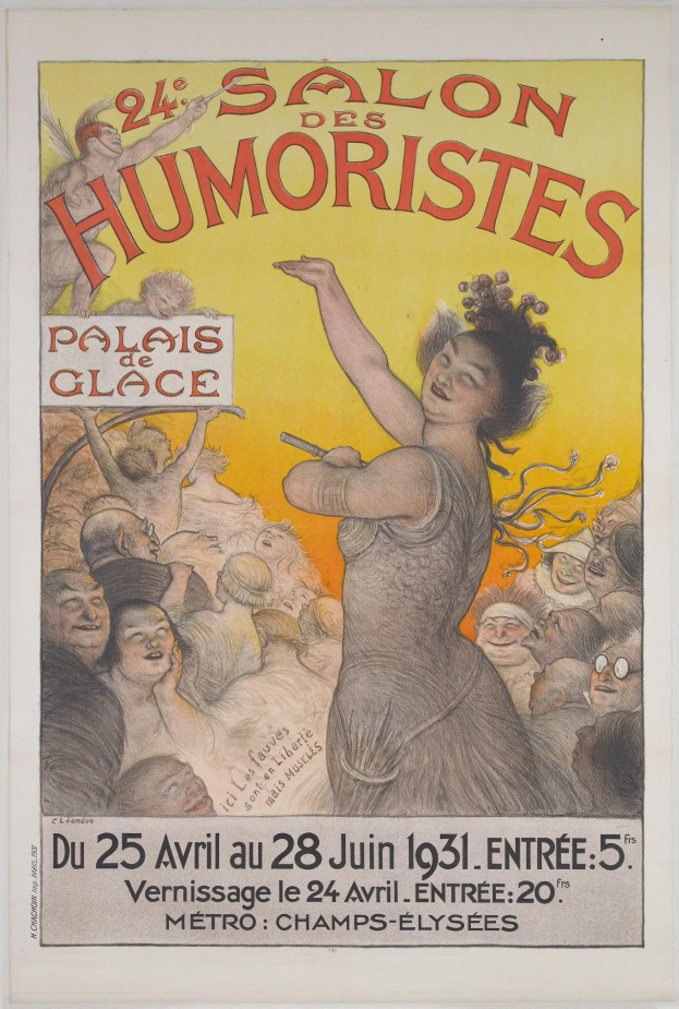Plakat für den Salon des Humoristes in Paris mit einer Frau inmitten einer Menschenmenge und Textbeschreibung des Ereignisses.