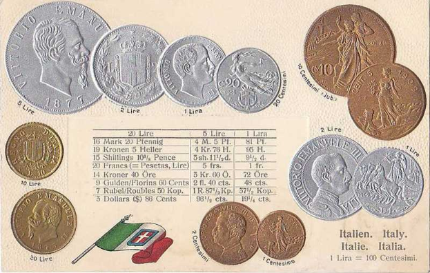 Ein Blatt Papier mit einer Reihe italienischer Münzen von 1877-1910, darunter mehrere 20-Lire-Stücke, mit Porträts und Text auf den Münzen und zwei Flaggen unten, darunter die italienische Flagge.