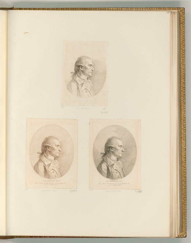 Offenes Buch mit drei detaillierten, lebensechten Porträts von George Washington, die den Betrachter anschauen.