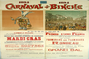 Ein Vintage-Plakat, das einen Karneval in Banche, Frankreich, ankündigt und Illustrationen von Menschen, Gebäuden und Text enthält.