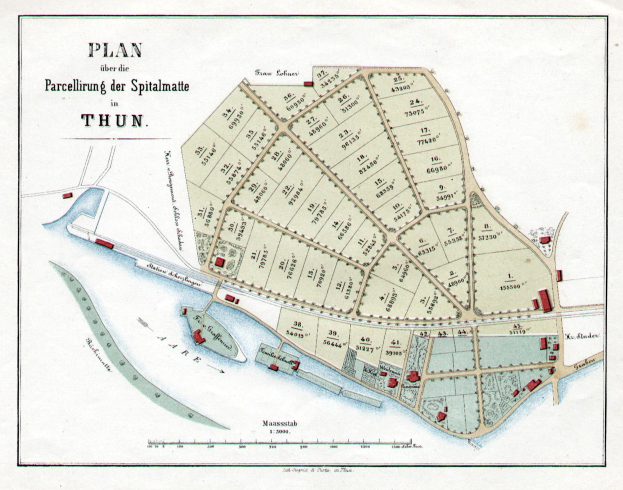 Alte detaillierte Karte von Thun, Deutschland, zeigt Straßen, Gebäude und Sehenswürdigkeiten mit Textanmerkungen.