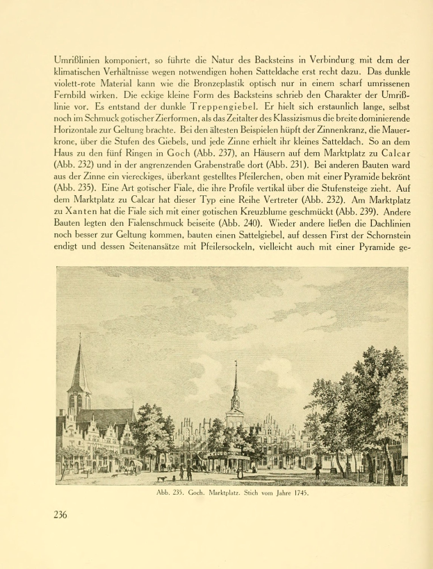 Ein aufgeschlagenes Buch mit einer Stadtansicht, die Gebäude, Bäume und Menschen zeigt, begleitet von beschreibendem Text.