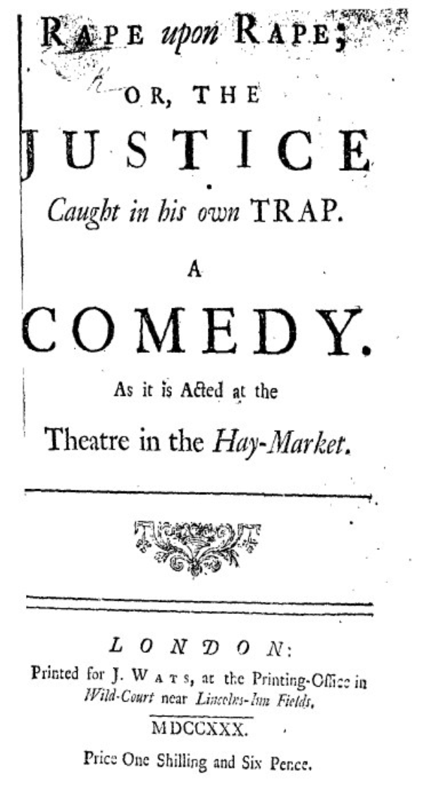 Schwarzer und weißer Poster mit der Aufschrift 'Vergewaltigung auf Vergewaltigung oder die Gerechtigkeit, die in ihrer eigenen Falle gefangen ist' in fetter schwarzer Schrift, wahrscheinlich Ankündigung einer Comedy-Show.