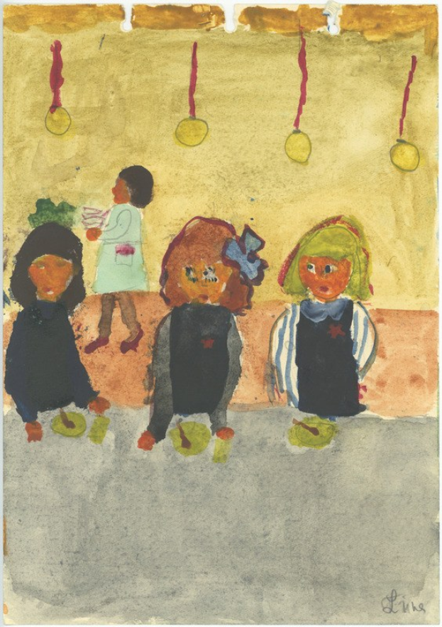 Gemälde von drei lachenden Kindern in Festkleidung auf einer Bank sitzend, mit einer Wand, die mit Weihnachtsornamenten, bunten Orchideen und anderen Festdekorationen geschmückt ist.