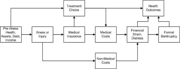 Flowchart-Diagramm, das die Arten von medizinischen Kosten veranschaulicht, die mit Vorerkrankungen, Gesundheit und Gesundheitsergebnissen verbunden sind, mit verbundenen, beschrifteten K├Âchen, die Schritte und Interaktionen zeigen.