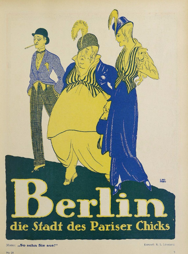 Plakat für ein Konzert in Berlin, Deutschland, das eine Gruppe von Menschen in bunter Kleidung vor einem Gebäude zeigt, auf dem der Text 'Berlin - Die Stadt des Pariser Chicks' steht.