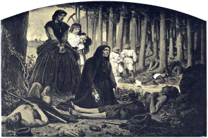Eine Schwarz-Weiß-Illustration einer Gruppe von Menschen in einem waldigen Gebiet, wobei einige auf dem Boden liegen und andere stehen, und ein Text unten, der "Der Tod einer indigenen Frau" lautet.