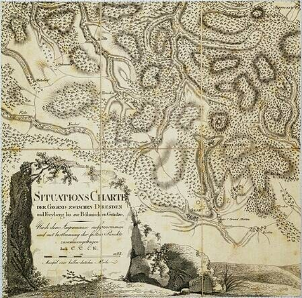 Alte Karte von London, England, mit Text zu Standorten und einer Grafik der Route zwischen Dresden und Freiburg im Hintergrund.