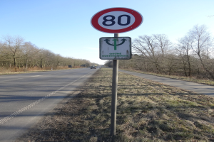 Geschwindigkeitsbegrenzungsschild am Straßenrand mit vorbeifahrenden Fahrzeugen, umgeben von Gras und Bäumen unter einem klaren blauen Himmel.