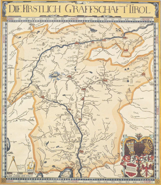 Ein detailliertes historisches Plakat der ersten Grafschaft Tirol mit einer Karte, die geografische Merkmale wie Flüsse, Berge und Städte zeigt, sowie begleitenden Text über die Region und ihre Bewohner.