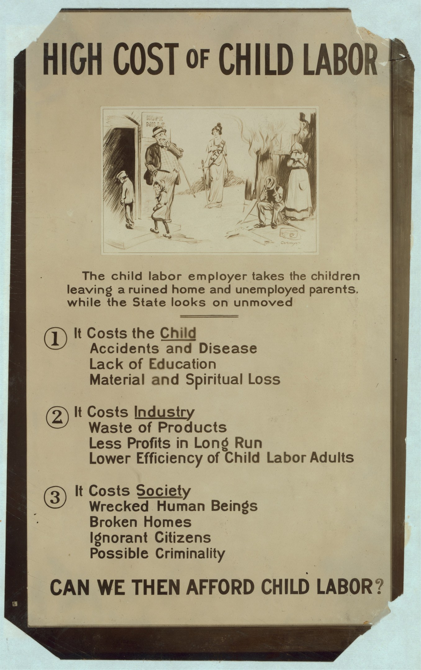 Plakat mit der Aufschrift "Hohes Kosten von Kinderarbeit" auf blauem Hintergrund und weißer Schrift, mit einem kreisförmigen Arrangement verschiedener Gesichter um die Überschrift.