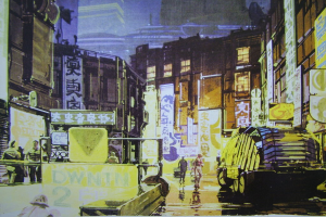 Ein belebtes Stadtbild mit Menschen, Fahrzeugen, Gebäuden, Plakaten, Texten, einer Straße, Fenstern, Schildern, einer U-Bahn und Lichtern.