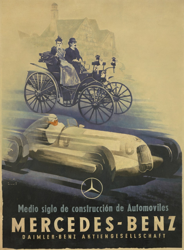 Vintage-Werbung für Mercedes-Benz aus den 1930er Jahren, die ein Plakat mit einem Auto, zwei Personen im Inneren und einem Geb├Ąude im Hintergrund zeigt, begleitet von beschreibendem Text.