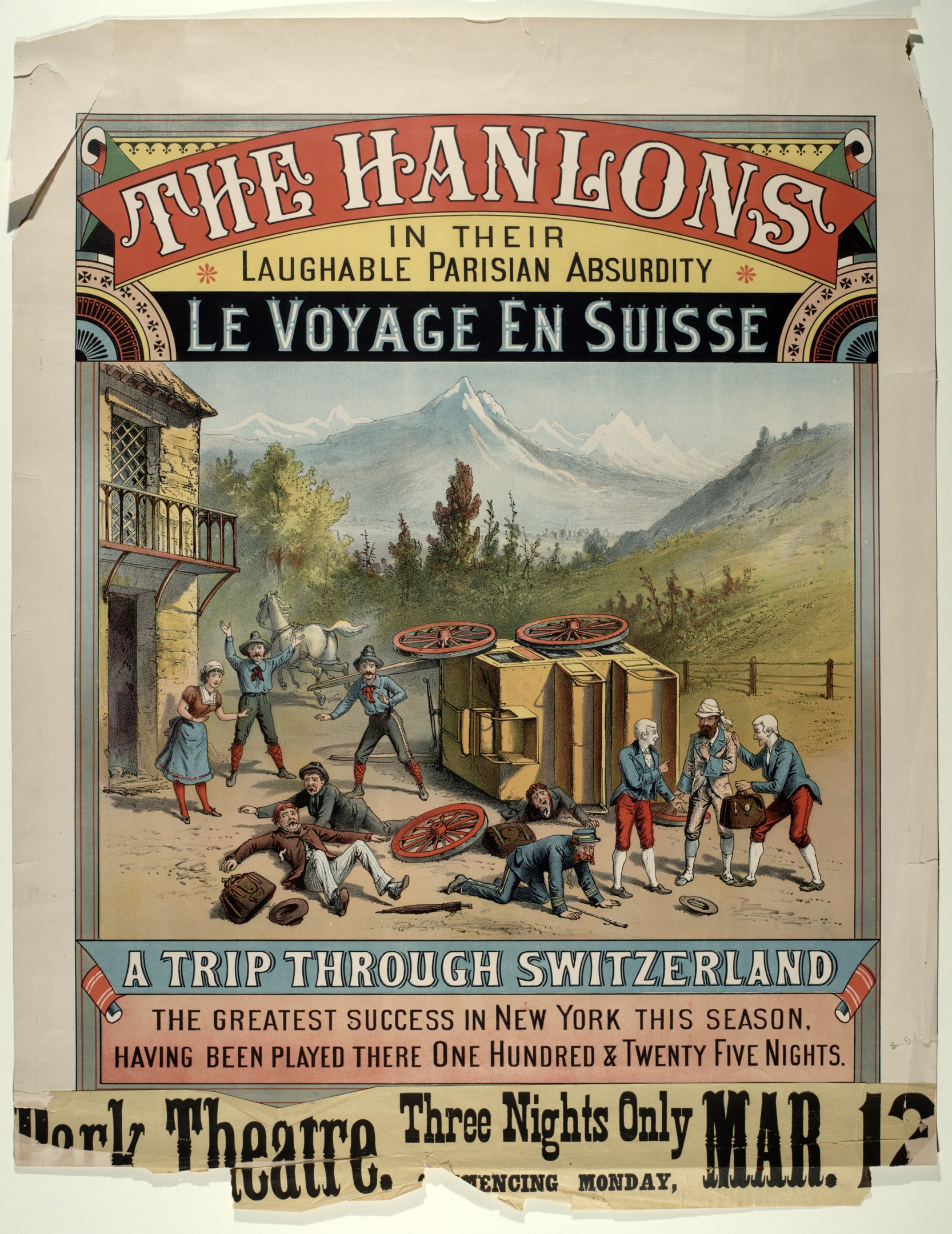 Plakat für "Hanlons in ihrer lachhaften Pariser Absurdität Le Voyage en Suisse", das eine Gruppe von Menschen, ein Gebäude, Bäume, Hügel und einen Himmel im Hintergrund sowie Text zeigt.