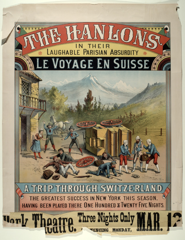 Plakat für "Hanlons in ihrer lachhaften Pariser Absurdität Le Voyage en Suisse", das eine Gruppe von Menschen, ein Gebäude, Bäume, Hügel und einen Himmel im Hintergrund sowie Text zeigt.