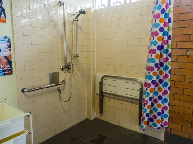Ein barrierefreies Badezimmer mit einer Dusche mit Handläufen, einem Vorhang, einer Wand mit Postern, einem Ständer mit einem Tablett und einem Fenster.