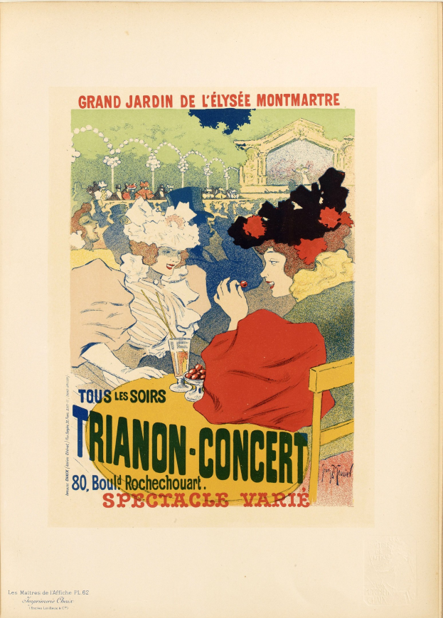 Plakat, das ein Trianon-Konzert im Grand Jardin de L'Elysée Montmartre ankündigt, zeigt Menschen an einem Tisch mit einem Glas Wein in der Mitte und Veranstaltungstext
