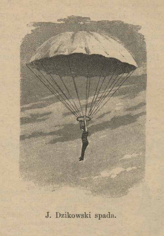 Ein altes Buch mit einer Zeichnung einer Person, die mit einem Gleitschirm fliegt, und Text unten.