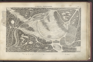 Altes Buch mit einer detaillierten Karte eines Parks auf dem Cover, das Bäume, Sträucher und andere Vegetation sowie Text mit Informationen über den Park zeigt.