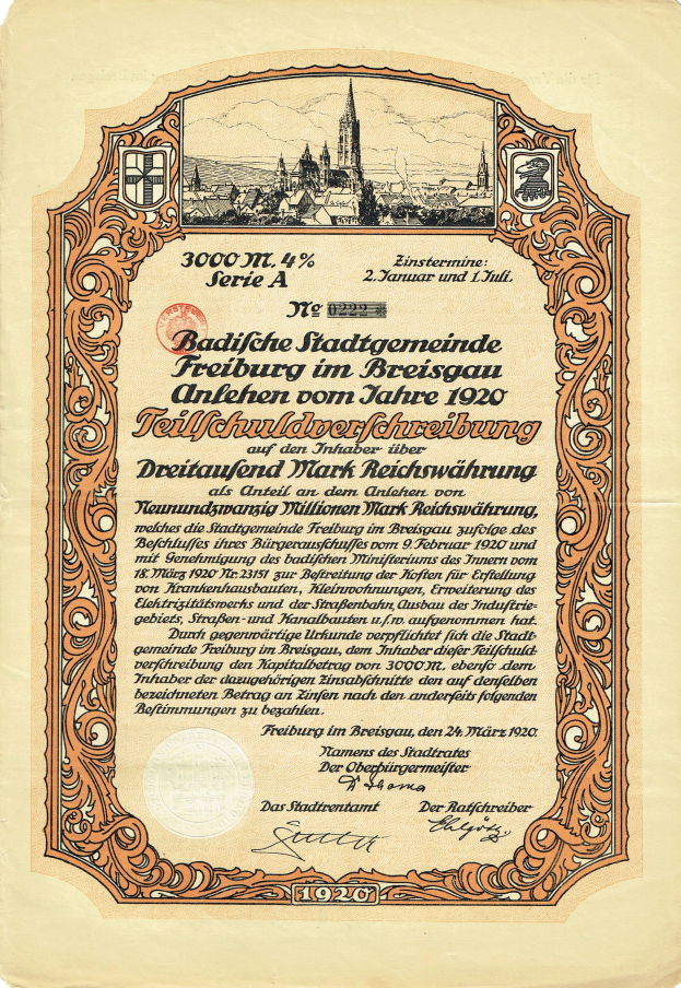 Alte deutsche Aktie mit Stadtansicht und gedrucktem Text