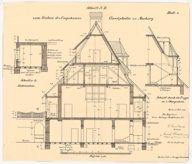 Schwarz-weißes Architekturzeichnung eines Hauses mit zahlreichen Fenstern und einem Dach, beschriftet als das erste Haus in Deutschland, begleitet von detaillierten Plänen und Text auf altem Papier.