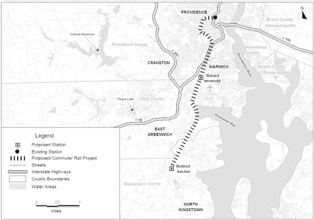 Schwarze und weiße Stadtkarte mit einem Fluss, beschriftet mit "Vorgeschlagenes S-Bahn-Projekt" auf der linken Seite, die Straßen, Autobahnen und städtische Merkmale zeigt.