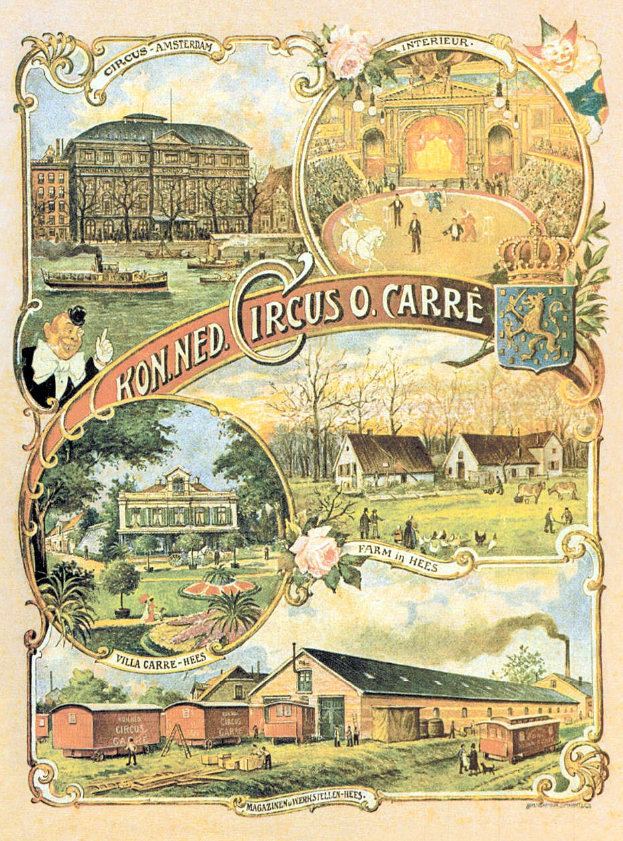 Ein farbenfrohes Zirkuspapier, das in einer städtischen Umgebung angezeigt wird, umgeben von Gebäuden, Bäumen und Menschen, mit farbenfrohen Illustrationen von Tieren und Text.