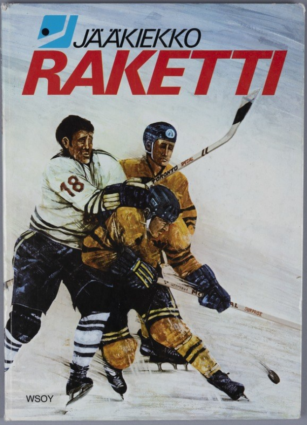 Buchumschlag mit dem Titel "Jääkiekko Raketti", der drei Personen beim Eishockeyspielen mit Hockeystöcken auf einer ebenen Fläche zeigt.
