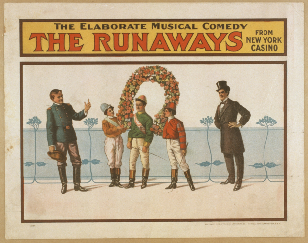 Plakat für "Elaborate Musical Comedy Runaways" im New Yorker Casino, das eine Person mit einem Blumenstrauß zeigt und den Text der Show beschreibt.