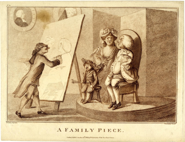 Ein Familienbild mit einem Mann auf der linken Seite, einer Frau auf einem Stuhl sitzend und zwei Kindern auf der rechten Seite, mit einer Uhr an der Wand dahinter und Text unten.