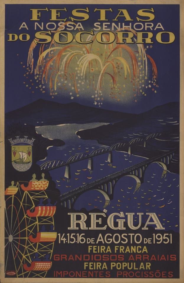 Festivalplakat in Brasilien mit Brücke über Wasser, Hügel im Hintergrund und Feuerwerk, mit Text zu den Festivaldetails.