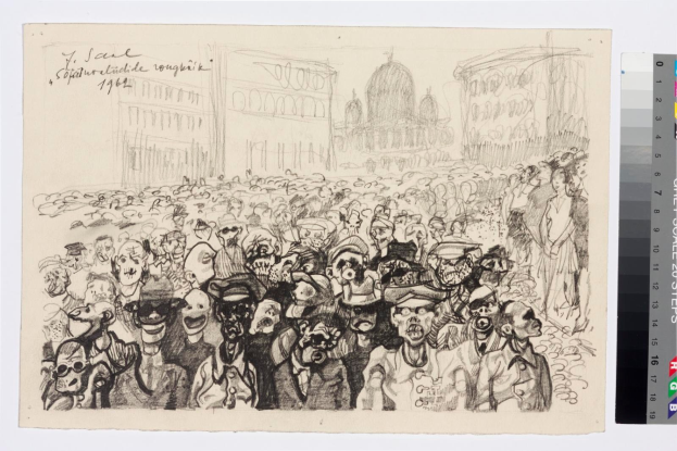 Schwarz-weiß-Zeichnung einer Demonstration mit Menschen, die schreien und gestikulieren, vor einem hohen Gebäude, begleitet von Text und Farbskalen.