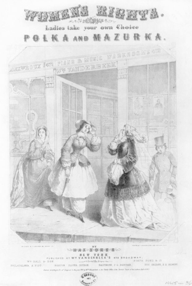 Ein Blatt mit einer Zeichnung von drei Frauen vor einem Gebäude, auf dem der Text "Frauenrechte: Ladies Take Your Own Choice, Polka und Mazurka" oben und unten steht.