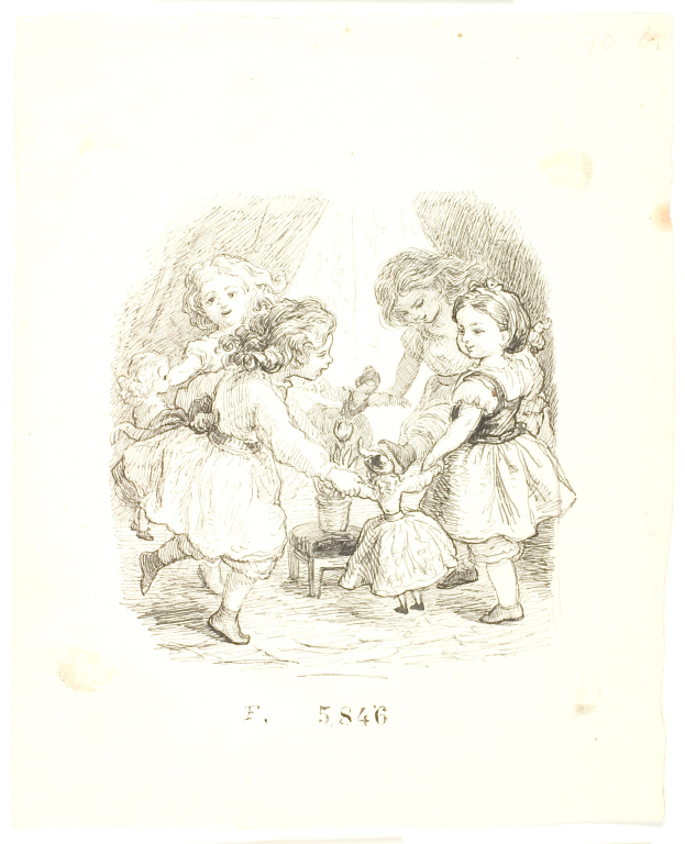 Eine Zeichnung von Kindern, die mit einem menschlichen Gesicht in der Mitte auf Papier spielen.