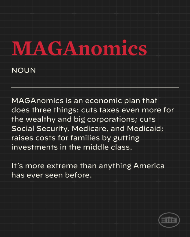 Plakat mit fetter schwarzer Schrift auf einem weißen Hintergrund, eingerahmt von einem schmalen schwarzen Rand, das "Maganomics: Ein Wirtschaftsplan, der drei Dinge tut - Steuern weiter für Reich und große Unternehmen senken."