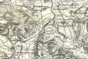 Eine Schwarz-Weiß-Karte von Wittenhausen, Deutschland, die Straßen, Gebäude und andere Merkmale mit detaillierten Linien und Text zeigt.