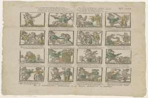 Schwarz-weiß-Illustration eines Mannes mit Hut und einer Frau in einem Kleid, die in eine hitzige Diskussion vertieft sind, umgeben von Text und zusätzlichen Bildern auf einer Buchseite.