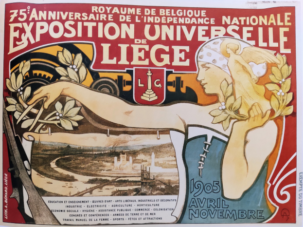 Plakat zum 75-jährigen Jubiläum der Nationalen Ausstellung Universelle de Liège, das eine Frau mit einem Blumenstrauß zeigt.
