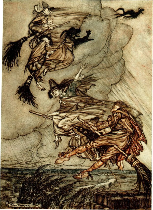 Gemälde von Arthur Rackham mit dem Titel "Die Hexen", das drei Hexen zeigt, die auf einem Besenstiel fliegen.