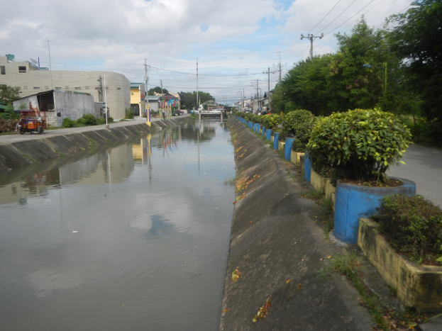Flutstraße in der Stadt mit Wasser auf der Straße, Fahrzeuge auf der linken Seite, Grünfläche auf der rechten Seite, Gebäude und Strommasten im Hintergrund und bewölkter Himmel oben.