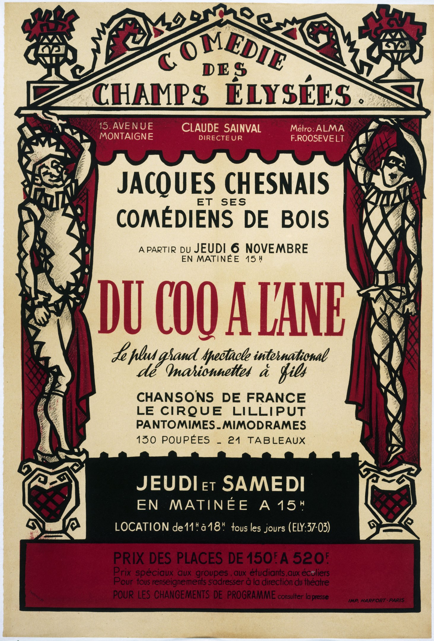 Plakatankündigung für eine Comedy-Show auf den Champs-Élysées in Paris mit Text und Bildern