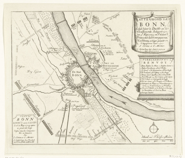 Alte detaillierte Karte von Bonn, Frankreich, zeigt Straßen, Gebäude und Sehenswürdigkeiten mit begleitendem Text über die Stadt.