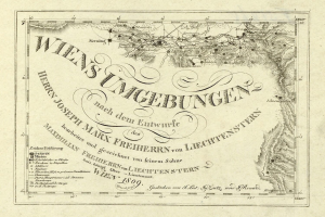 Detailierte alte Karte von Wien, Deutschland, mit St├Ądten, Ortschaften, geografischen Merkmalen, Stra├čen, Landmarken und textuellen Informationen wie der Bev├Âlkerung.