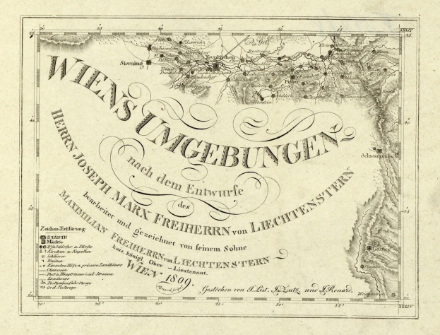 Detailierte alte Karte von Wien, Deutschland, mit St├Ądten, Ortschaften, geografischen Merkmalen, Stra├čen, Landmarken und textuellen Informationen wie der Bev├Âlkerung.