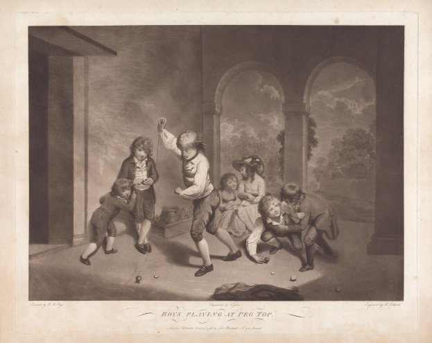 Jungen, die ein Spiel mit Stecknadeln in einer Außenumgebung mit Bäumen und einem bewölkten Himmel spielen, unten mit 'Jungen beim Stecknadelspiel' beschriftet.